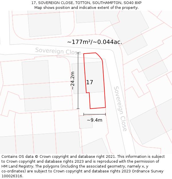 17, SOVEREIGN CLOSE, TOTTON, SOUTHAMPTON, SO40 8XP: Plot and title map