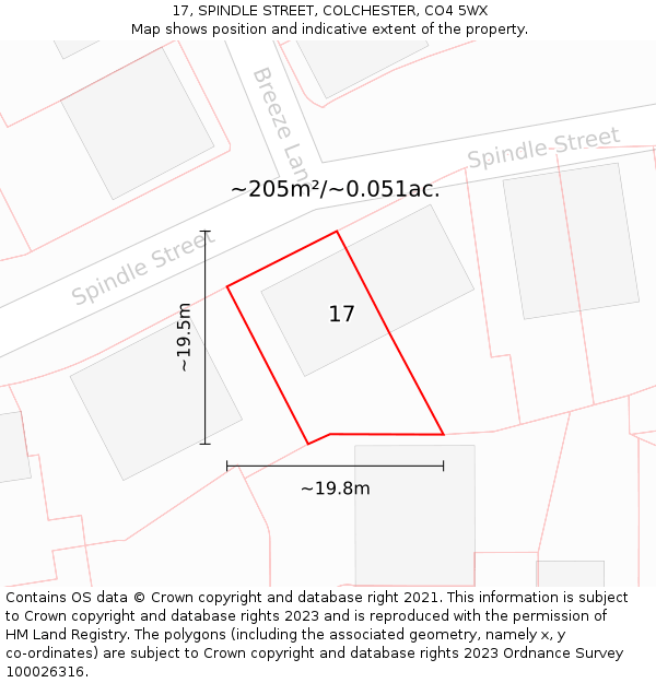 17, SPINDLE STREET, COLCHESTER, CO4 5WX: Plot and title map