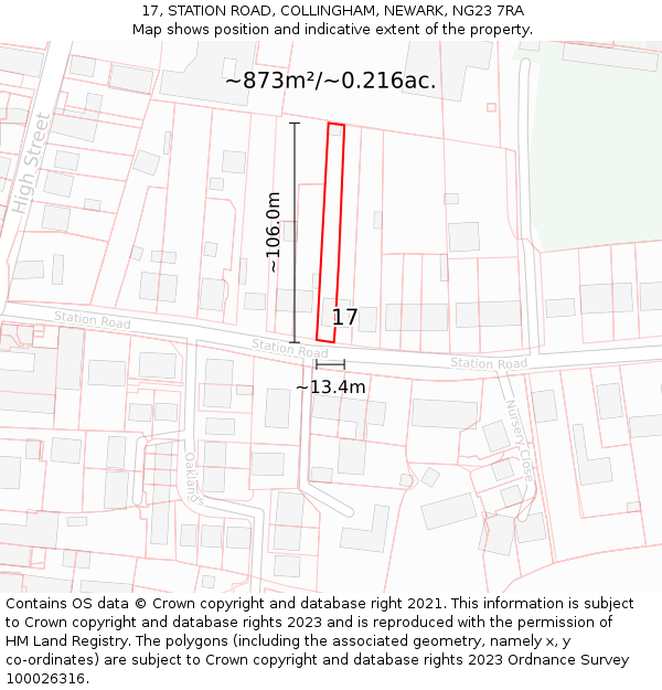 17, STATION ROAD, COLLINGHAM, NEWARK, NG23 7RA: Plot and title map