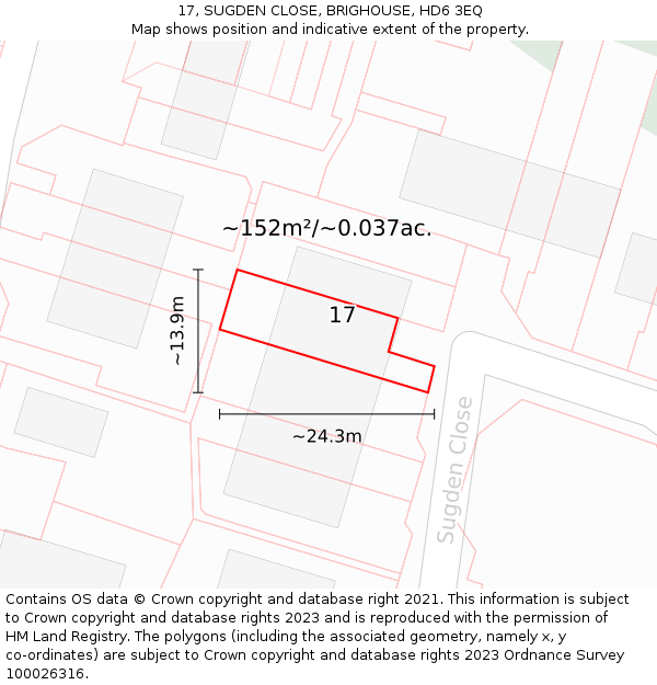 17, SUGDEN CLOSE, BRIGHOUSE, HD6 3EQ: Plot and title map