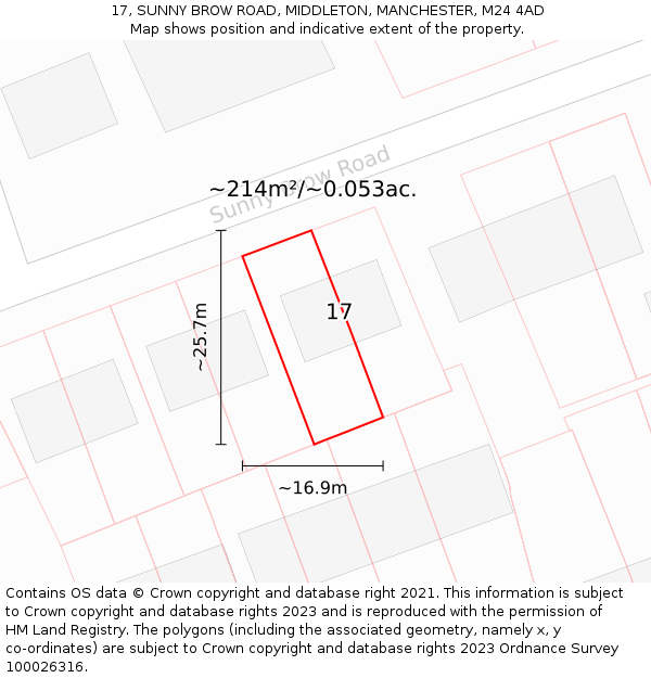 17, SUNNY BROW ROAD, MIDDLETON, MANCHESTER, M24 4AD: Plot and title map