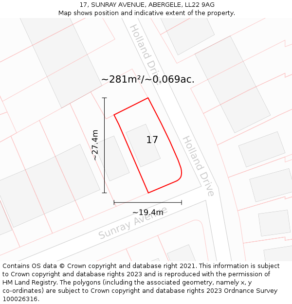 17, SUNRAY AVENUE, ABERGELE, LL22 9AG: Plot and title map