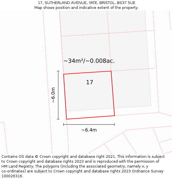 17, SUTHERLAND AVENUE, YATE, BRISTOL, BS37 5UE: Plot and title map