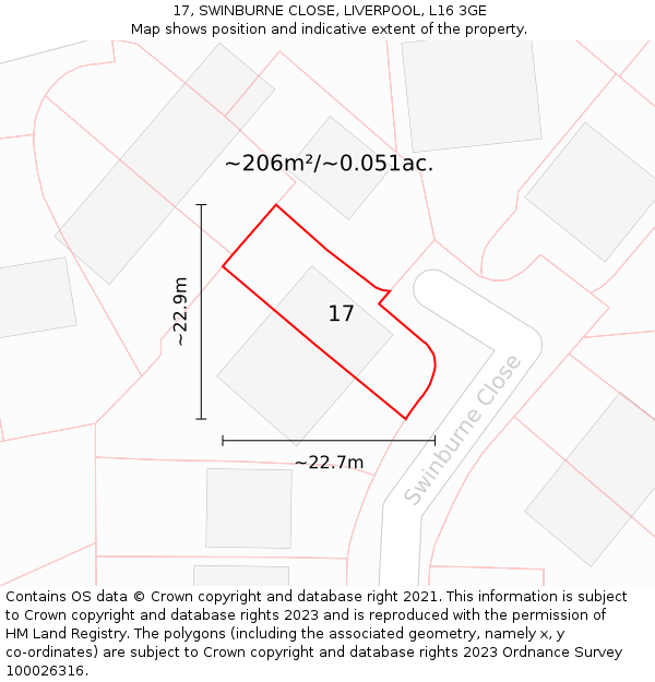 17, SWINBURNE CLOSE, LIVERPOOL, L16 3GE: Plot and title map