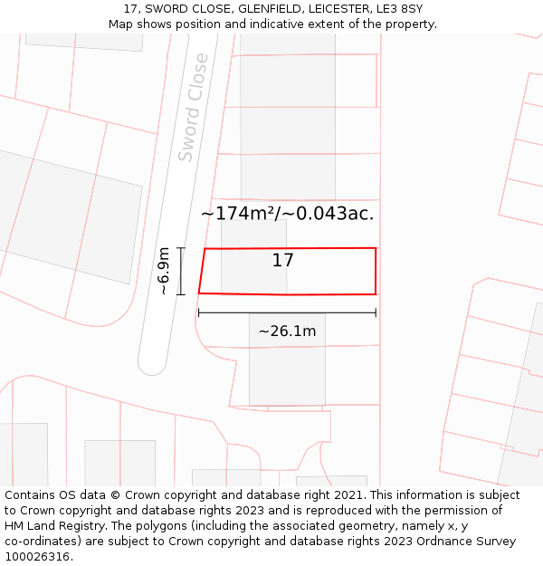 17, SWORD CLOSE, GLENFIELD, LEICESTER, LE3 8SY: Plot and title map