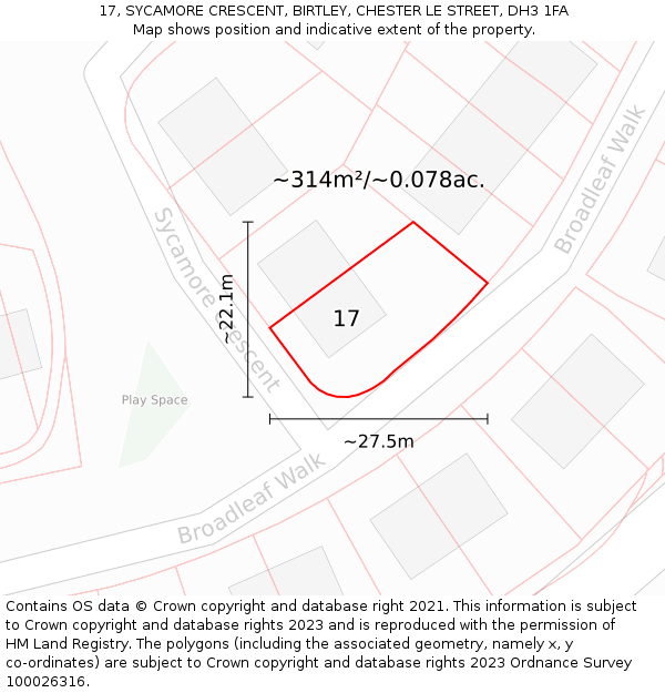 17, SYCAMORE CRESCENT, BIRTLEY, CHESTER LE STREET, DH3 1FA: Plot and title map
