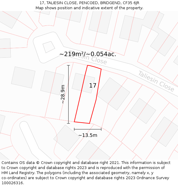 17, TALIESIN CLOSE, PENCOED, BRIDGEND, CF35 6JR: Plot and title map