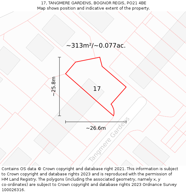 17, TANGMERE GARDENS, BOGNOR REGIS, PO21 4BE: Plot and title map