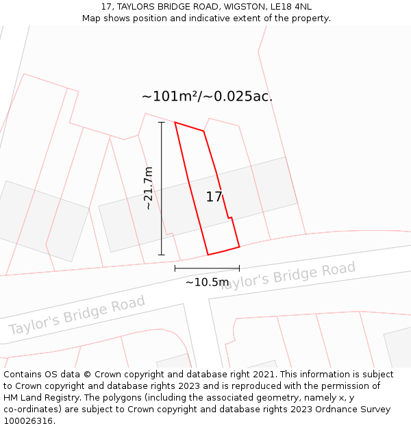 17, TAYLORS BRIDGE ROAD, WIGSTON, LE18 4NL: Plot and title map