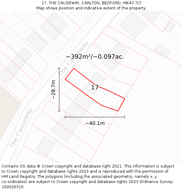 17, THE CAUSEWAY, CARLTON, BEDFORD, MK43 7LT: Plot and title map