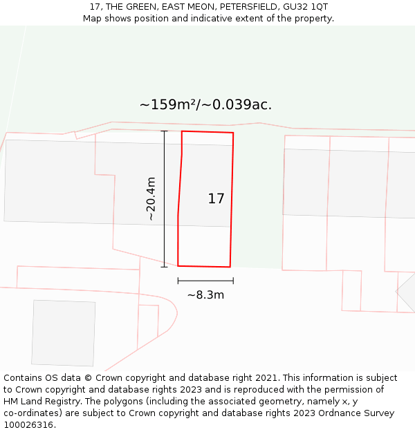 17, THE GREEN, EAST MEON, PETERSFIELD, GU32 1QT: Plot and title map