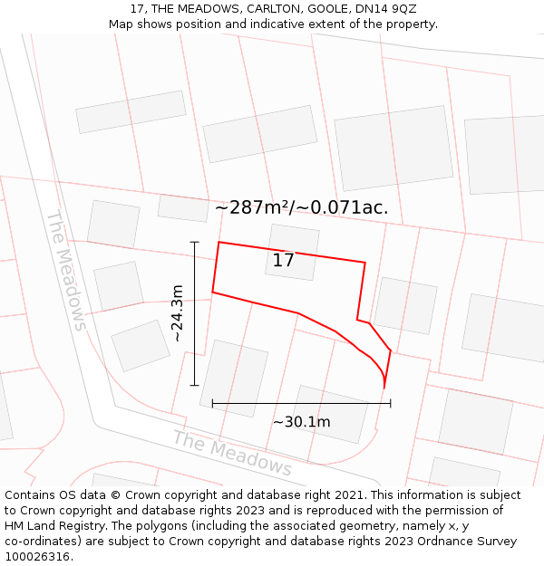 17, THE MEADOWS, CARLTON, GOOLE, DN14 9QZ: Plot and title map