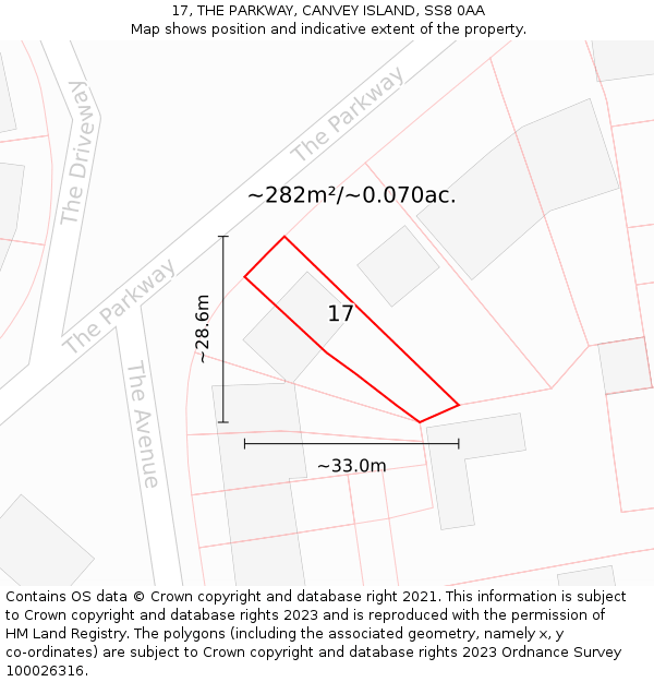 17, THE PARKWAY, CANVEY ISLAND, SS8 0AA: Plot and title map