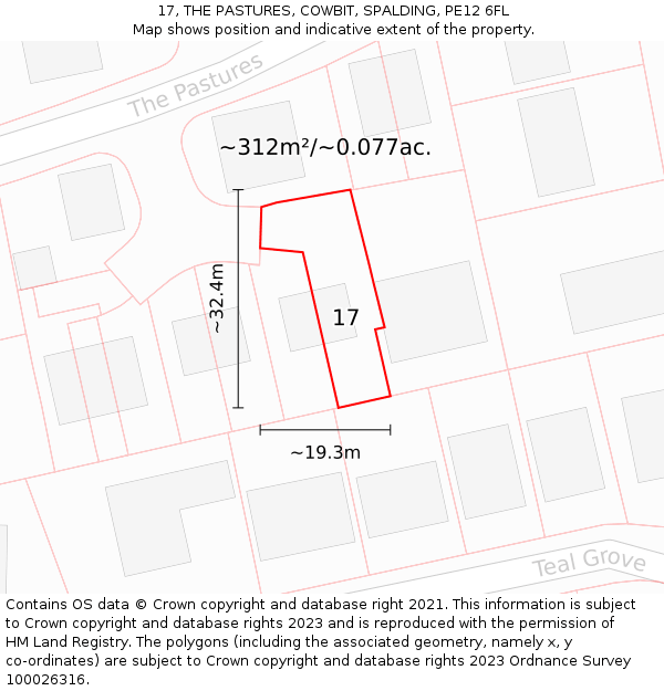 17, THE PASTURES, COWBIT, SPALDING, PE12 6FL: Plot and title map