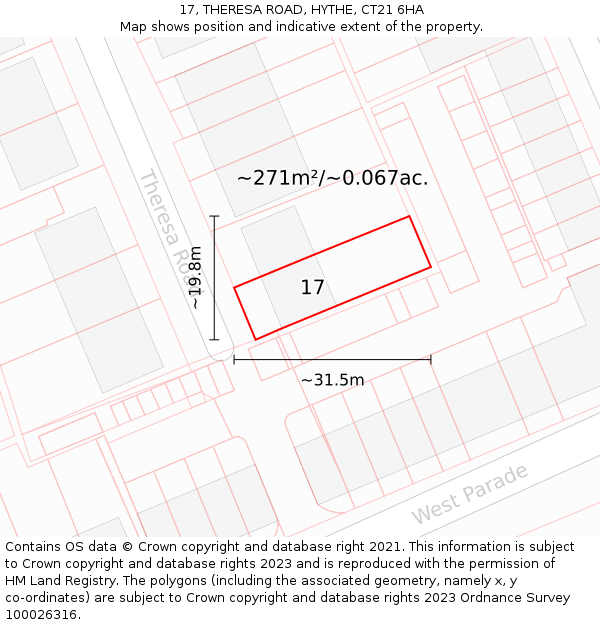 17, THERESA ROAD, HYTHE, CT21 6HA: Plot and title map