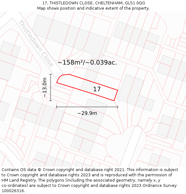 17, THISTLEDOWN CLOSE, CHELTENHAM, GL51 0QG: Plot and title map