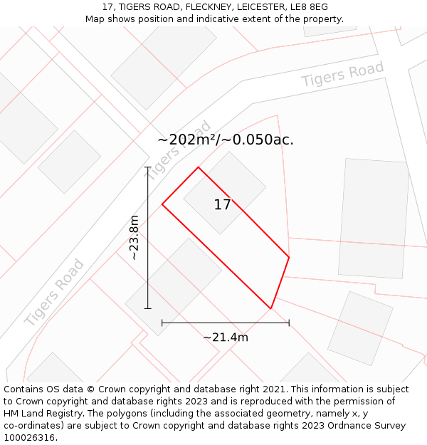 17, TIGERS ROAD, FLECKNEY, LEICESTER, LE8 8EG: Plot and title map