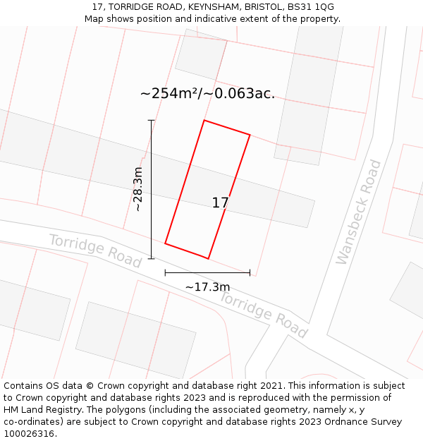 17, TORRIDGE ROAD, KEYNSHAM, BRISTOL, BS31 1QG: Plot and title map