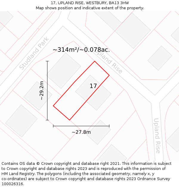 17, UPLAND RISE, WESTBURY, BA13 3HW: Plot and title map