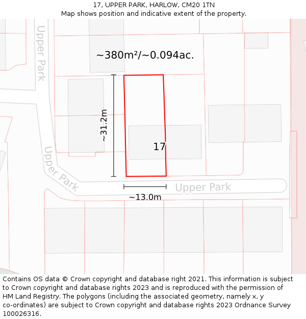 17, UPPER PARK, HARLOW, CM20 1TN: Plot and title map