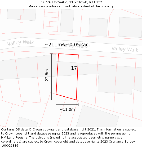 17, VALLEY WALK, FELIXSTOWE, IP11 7TD: Plot and title map