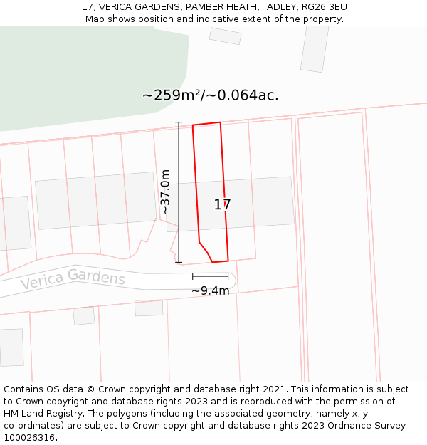 17, VERICA GARDENS, PAMBER HEATH, TADLEY, RG26 3EU: Plot and title map