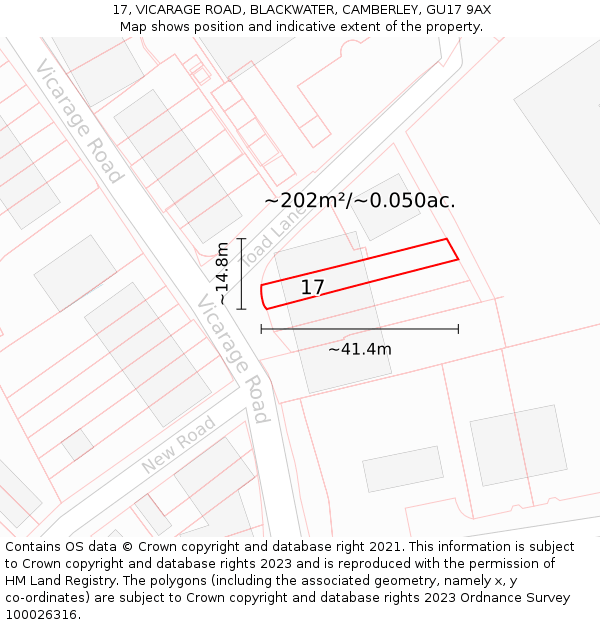 17, VICARAGE ROAD, BLACKWATER, CAMBERLEY, GU17 9AX: Plot and title map