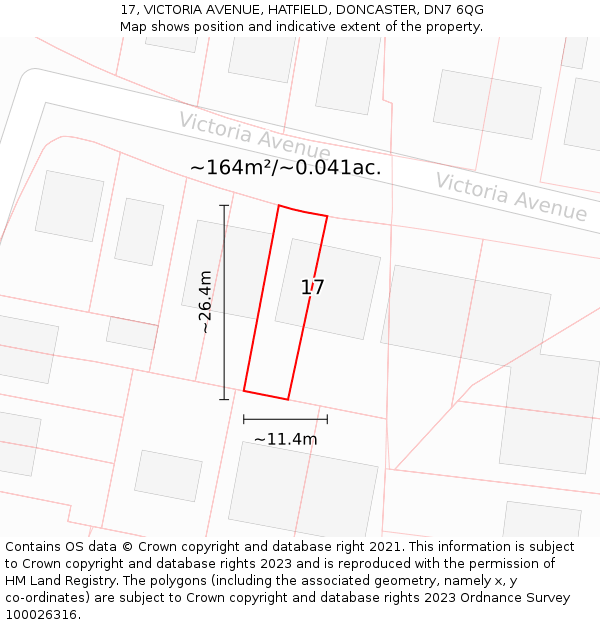 17, VICTORIA AVENUE, HATFIELD, DONCASTER, DN7 6QG: Plot and title map