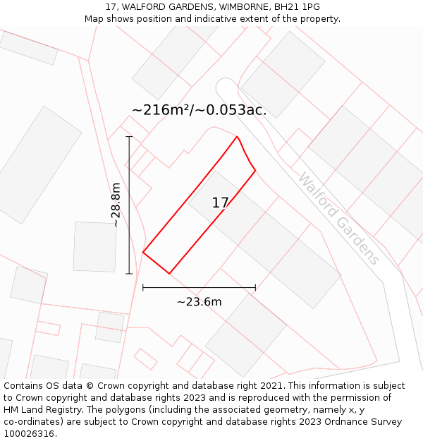 17, WALFORD GARDENS, WIMBORNE, BH21 1PG: Plot and title map