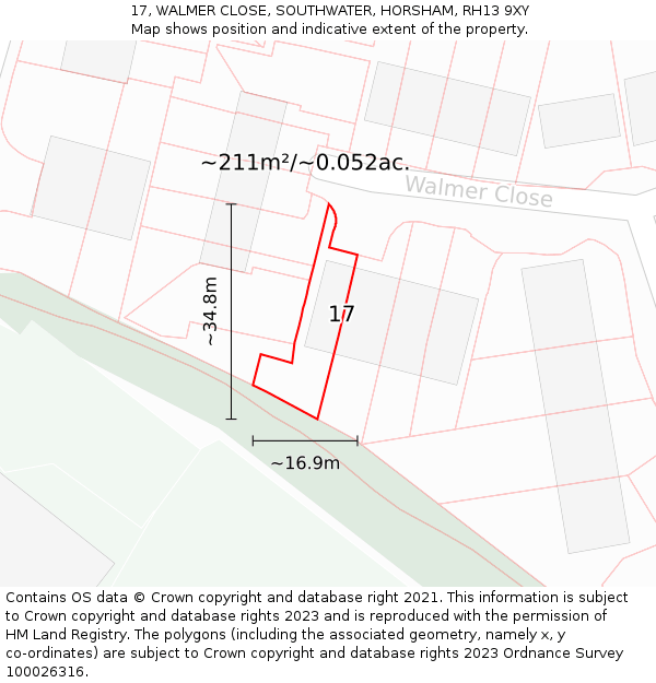 17, WALMER CLOSE, SOUTHWATER, HORSHAM, RH13 9XY: Plot and title map