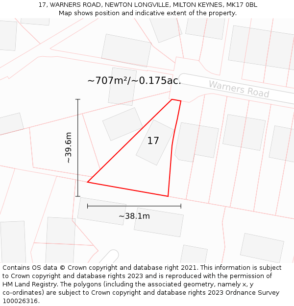 17, WARNERS ROAD, NEWTON LONGVILLE, MILTON KEYNES, MK17 0BL: Plot and title map