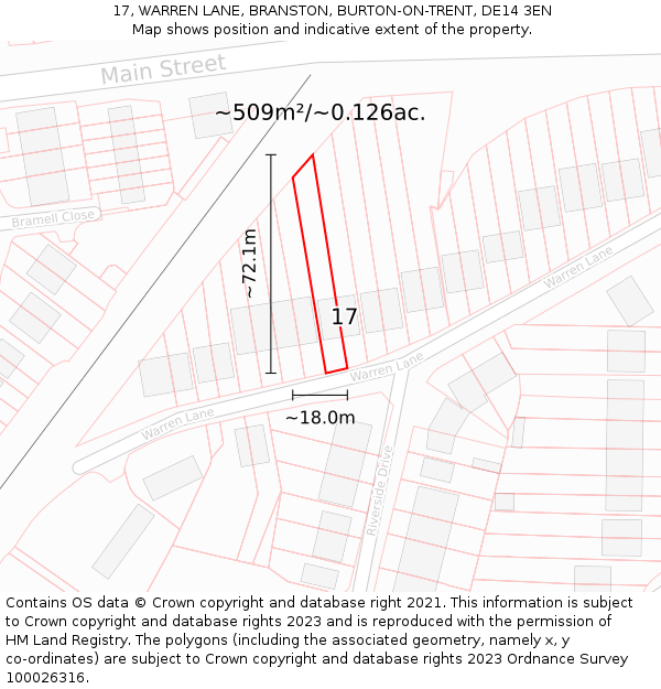 17, WARREN LANE, BRANSTON, BURTON-ON-TRENT, DE14 3EN: Plot and title map