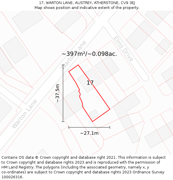 17, WARTON LANE, AUSTREY, ATHERSTONE, CV9 3EJ: Plot and title map