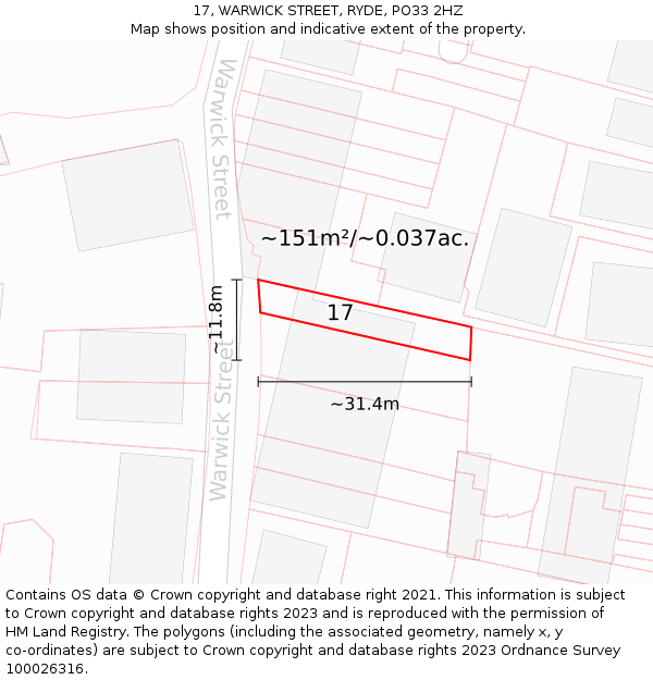 17, WARWICK STREET, RYDE, PO33 2HZ: Plot and title map