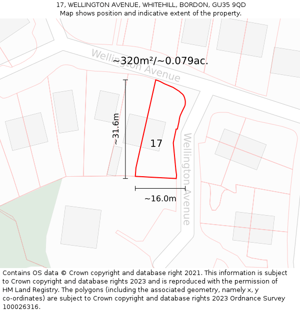 17, WELLINGTON AVENUE, WHITEHILL, BORDON, GU35 9QD: Plot and title map