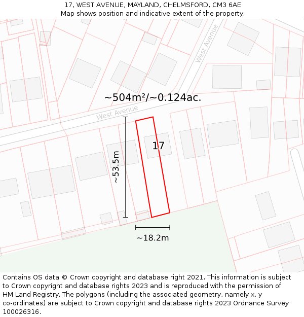 17, WEST AVENUE, MAYLAND, CHELMSFORD, CM3 6AE: Plot and title map