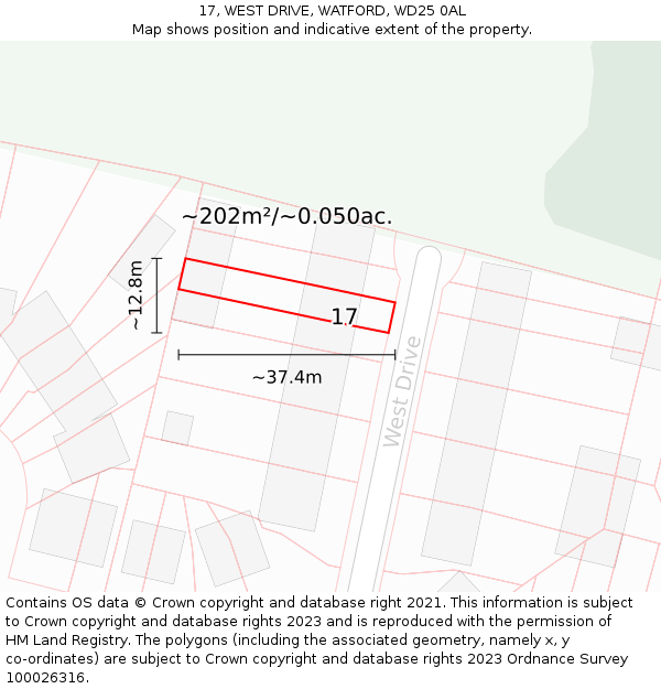 17, WEST DRIVE, WATFORD, WD25 0AL: Plot and title map