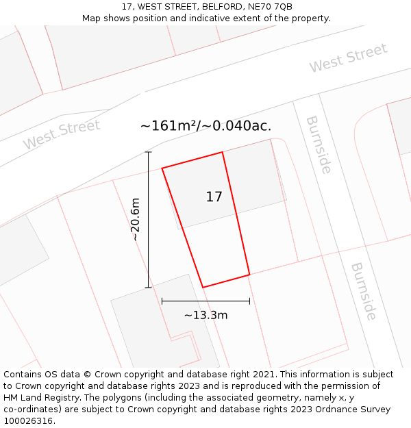 17, WEST STREET, BELFORD, NE70 7QB: Plot and title map