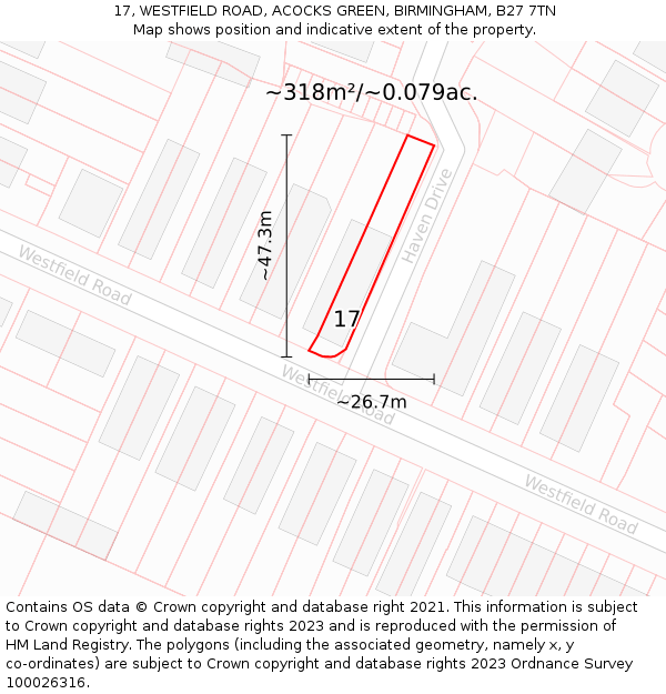 17, WESTFIELD ROAD, ACOCKS GREEN, BIRMINGHAM, B27 7TN: Plot and title map