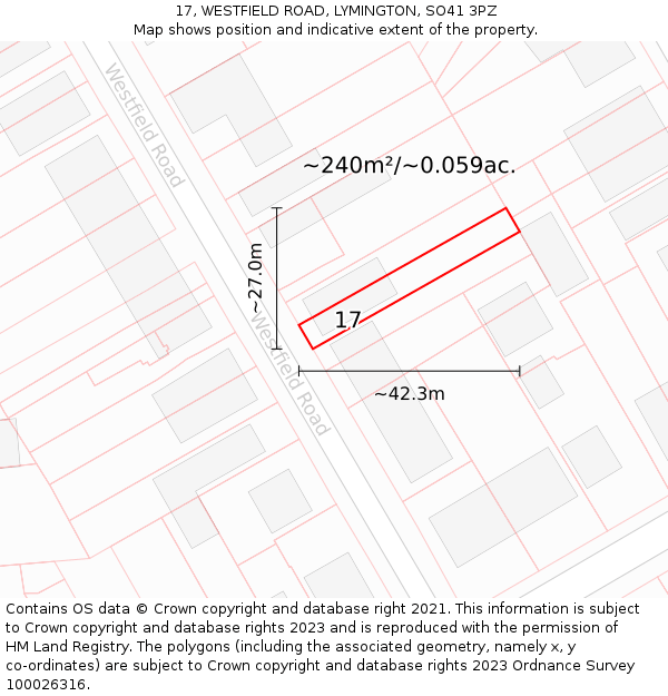 17, WESTFIELD ROAD, LYMINGTON, SO41 3PZ: Plot and title map