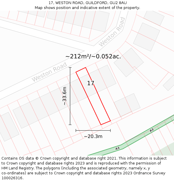 17, WESTON ROAD, GUILDFORD, GU2 8AU: Plot and title map