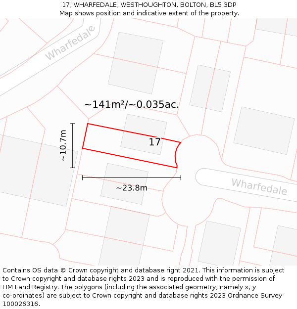 17, WHARFEDALE, WESTHOUGHTON, BOLTON, BL5 3DP: Plot and title map