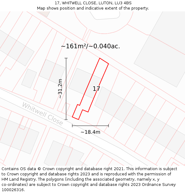 17, WHITWELL CLOSE, LUTON, LU3 4BS: Plot and title map