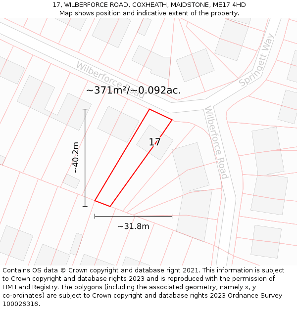 17, WILBERFORCE ROAD, COXHEATH, MAIDSTONE, ME17 4HD: Plot and title map