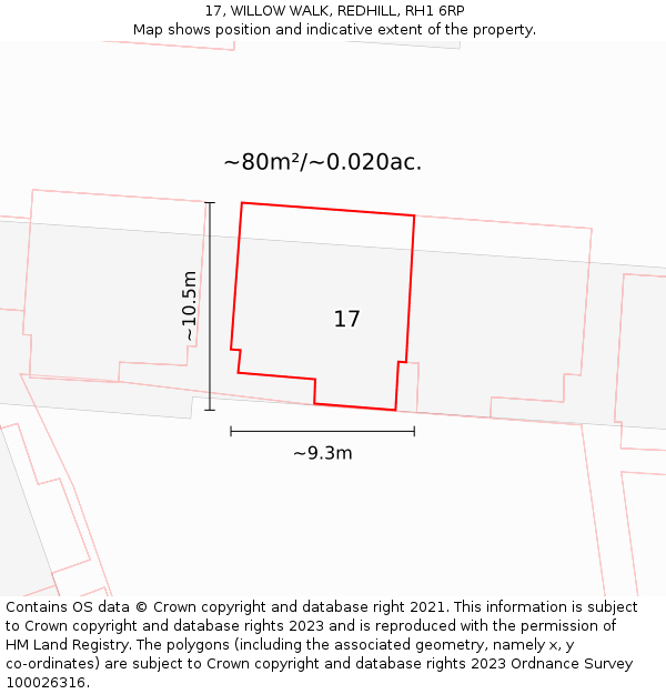 17, WILLOW WALK, REDHILL, RH1 6RP: Plot and title map