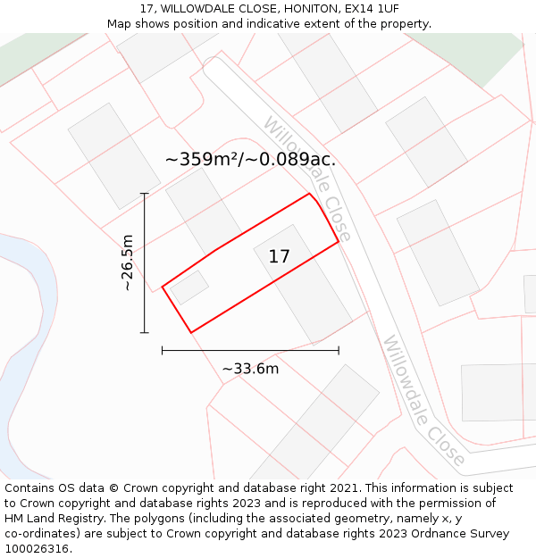 17, WILLOWDALE CLOSE, HONITON, EX14 1UF: Plot and title map