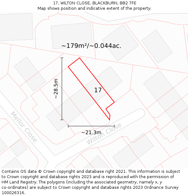 17, WILTON CLOSE, BLACKBURN, BB2 7FE: Plot and title map