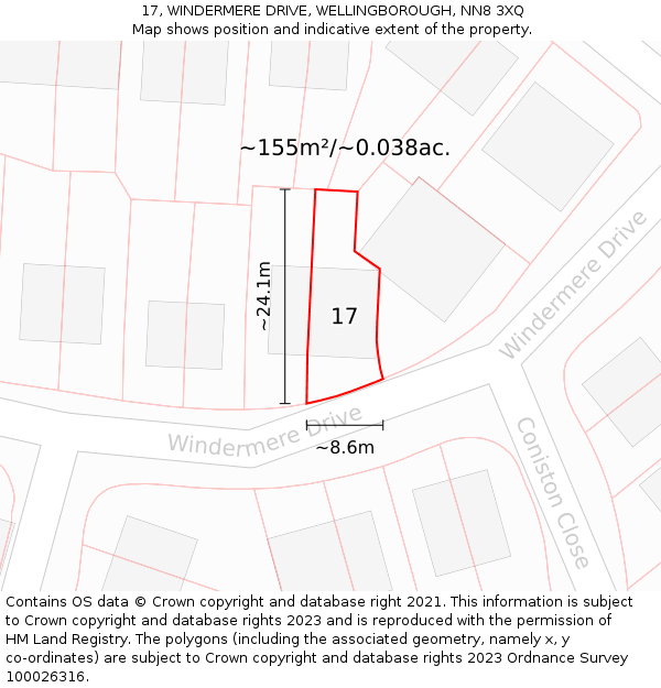 17, WINDERMERE DRIVE, WELLINGBOROUGH, NN8 3XQ: Plot and title map