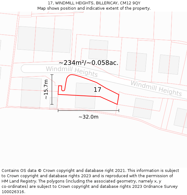 17, WINDMILL HEIGHTS, BILLERICAY, CM12 9QY: Plot and title map