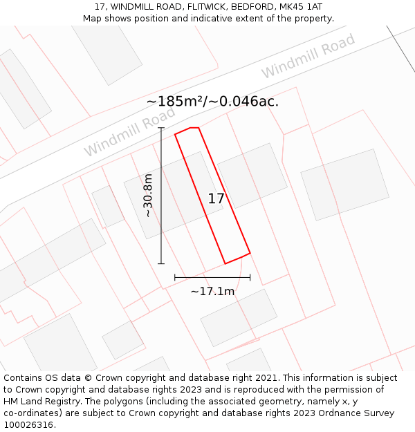 17, WINDMILL ROAD, FLITWICK, BEDFORD, MK45 1AT: Plot and title map